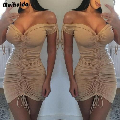 Fashion Womens Off Shoulder Shirred Drawstring Mujeres Adjustable Solid Mini Dress Bodycon Dress