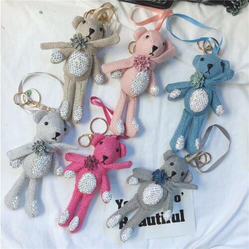 2020 New Cute Teddy Bear Keychain Linen Cloth Doll Keys Pendant Encrusted Long Feet Bear Woman Bag Hanging Gift 17CM