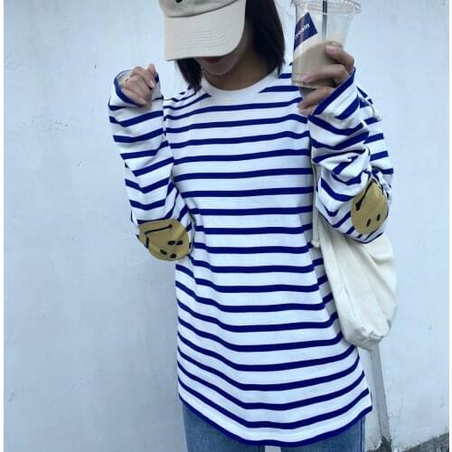 Early Autumn All-match Arm Smile Long Sleeve Navy Striped T-shirt