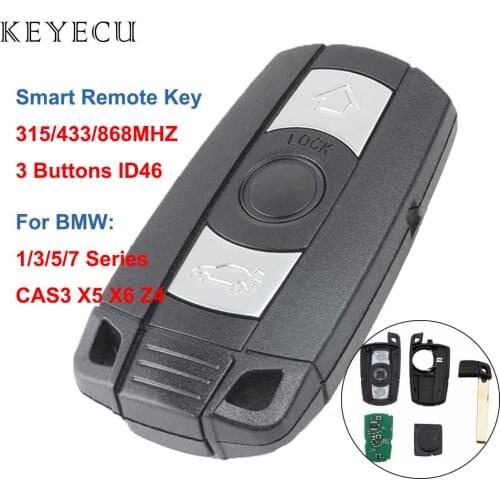 Keyecu Remote Key 3 Buttons 315 /433 /868MHz for BMW 1/3/5/7 Series CAS3 X5 X6 Z4 Car Control Transmitter with ID46 PCF7945 Chip