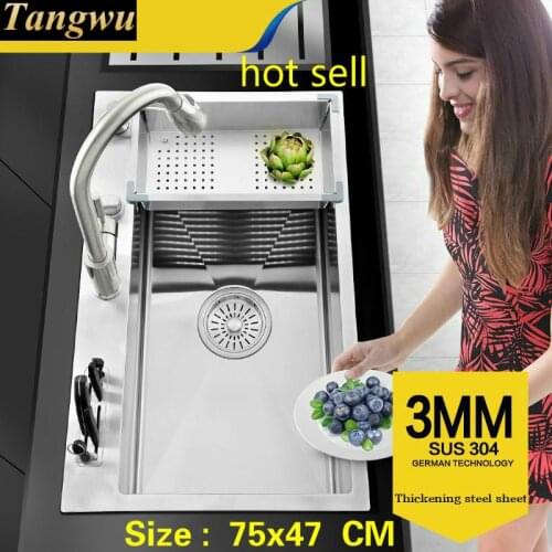 Tangwu kitchen 304 stainless steel hand sink single trough big wash dishes under the table thickening package 75x47 cm