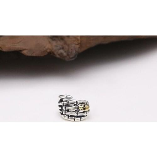 925 Sterling Silver & Brass Hand of Skull Skeleton Huggie Hoop Single Earring Jewelry A1410