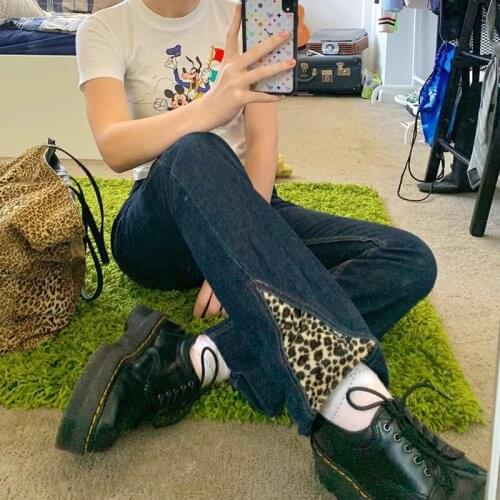 SEASONS Vintage Patchwork Leopard Printing Slim Straight Jeans Fashion High Waist Long Pants Punk Style Demin Trousers ASPA81958