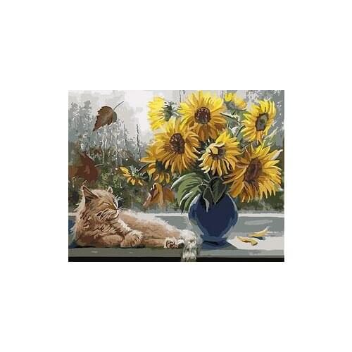 Cat and sunflower vase animal coloring by numbers on canvas wall pictures for living room home decor