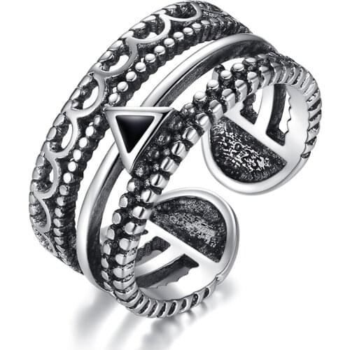 Vintage Big Gothic Stackable Chunky Thai 925 Sterling Silver Finger Adjustable Ring For Women Men Unisex Engraved Pave Jewelry