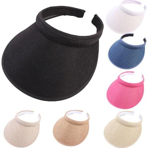 Women Men Unisex Clip-On UV Protection Sun Visor Hat Faux Linen Plaid Weave Empty Open Top Solid Color Wide Brim Adjustable Beac
