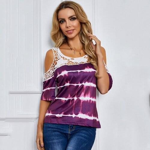 Women Summer Short-sleeved T-shirt Sexy Off-shoulder Fashion Lace Stitching Printing Casual Striped Tops 2021 Woman T-shirts