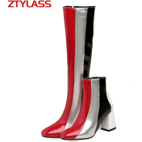 2021 Autumn Winter Mixed Colors Women Boots Fashion Zipper Square High Heel Knee High Boots Patent Leater Round Toe Long Boots