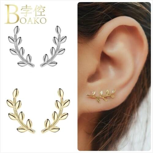 Vintage 925 Sterling Silver Earrings For Women Gold Leaf Earrings Girl Cartilage Ear Bone Stud Earrings Female Plant aretes K5