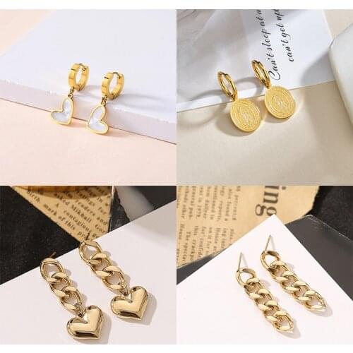 MEYRROYU Stainless Steel Enamel Heart Portrait Coin Geometric Drop Earrings 2021 Trendy Earrings For Women Fashion Party Jewelry