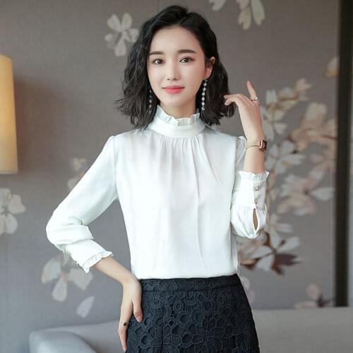 WomenS Spring Autumn Style Blouses Shirt WomenS Elegant Solid Color Turtleneck Button Korean Loose Tops SP759