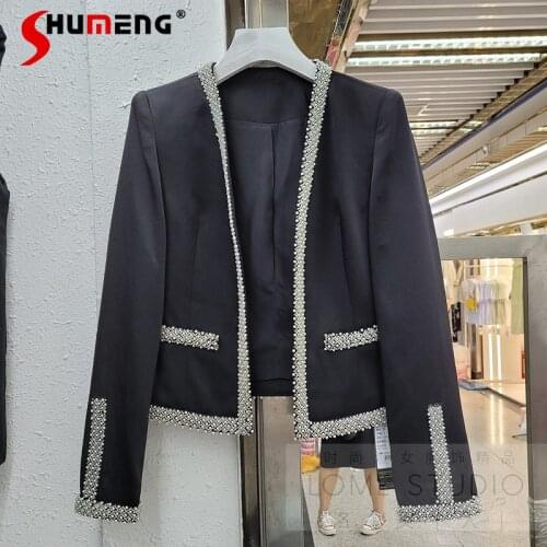 2021 Autumn New Fashion Pearl Hemming Suit Jacket Female Black All-Matching Slim Fit Cardigan Coat for Ladies