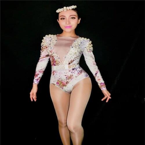 F99 Female printing jumpsuit sexy ballroom dance costumes pole dancer pearl bodysuit catwalk performance outfit clothe party dj