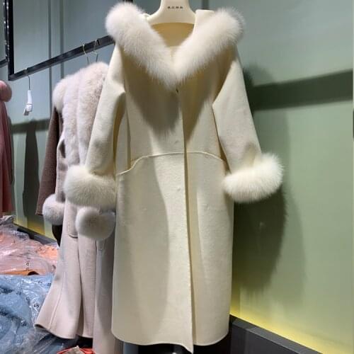 Autumn Winter Ladies X-Long Real Wool Coat with Genuine Fox Fur Cuffs Loose Hood Female Trench outwear