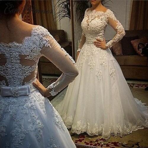Vestido de Noiva Long Sleeve Pearls Wedding Dress 2020 New Illusion Tulle Back A line Sexy Wedding Dresses Bridal Gown W0050