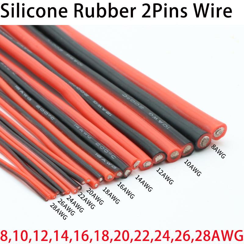 1M 10 12 14 16 18 20 22 24AWG 2Pins Ultra Soft Silicone Rubber Copper Electric Wire Black Red DIY LED Lamp Light Connector Cable