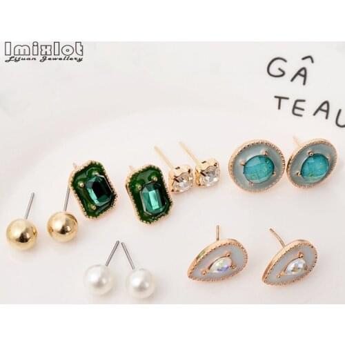 2 Pairs Mixed Enamel Teardrop Rectangle Round Resin Stone Crystal Pearl Stud Earrings Set for Women Girls Brincos Jewelry