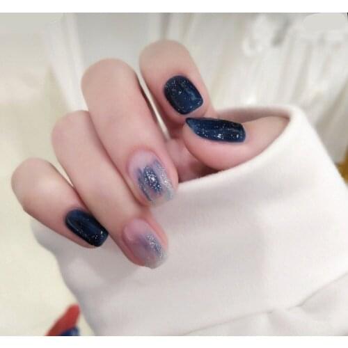 24pcs Sapphire False Nails Full Cover Artificial Starry Sky Design Fake Nails Press On Square Nail Art Tips for with Glue sticke