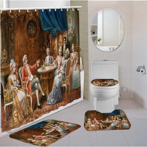 3/4 Pieces Europe Artistic Shower Curtains Sets Angel Oil Painting Carpet Gift Kids Toilet Mat 3D Print Ancient Art Bathroom Set