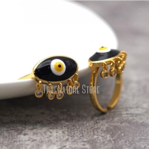 5Pcs RM28453 Copper Jewelry Evil Copper Eye Jewelry Black Ring Gold Plated Enamel Dripping Evil Eye Black Gold Plated Ring