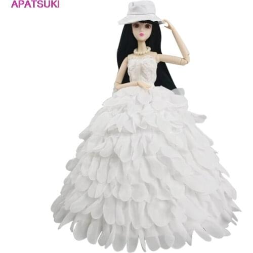 White Multi-layer Wedding Dress For Barbie Doll Clothes Outfits Princess Party Ball Long Gown Bridal Dresses Hat Accessories 1/6