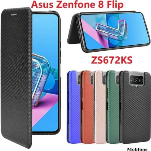 Carbon Fiber For Asus Zenfone 8 Flip Case Magnetic Book Stand Flip Card Protective ZS672KS Wallet PU Leather Cover