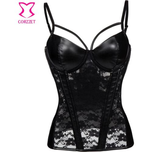 Black Floral Lace and Faux Leather Corset Bustier Tops Push Up Corsets and Bustiers Sexy Korsett For Women Gothic Clothing