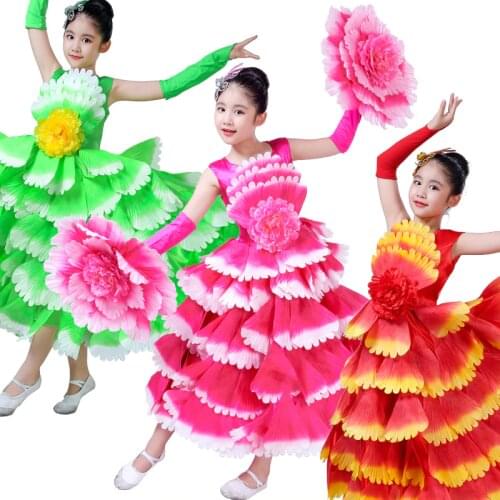 ChildrenS Spanish Bullfight Belly Dance Dresses For Girls Long Robe Flamenco Fille Skirts Red Flamenco Peony Petal Dress DL4218