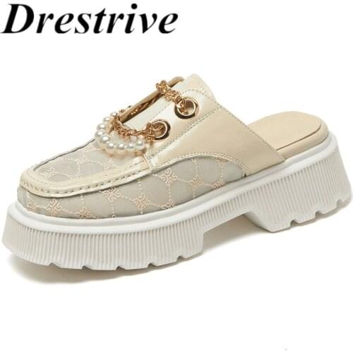 Drestrive Mules Cow Leather Patchwork 2021 Summer Women Pumps Round Toe Slipper Bead Chain Black High Heel Shoes Platform