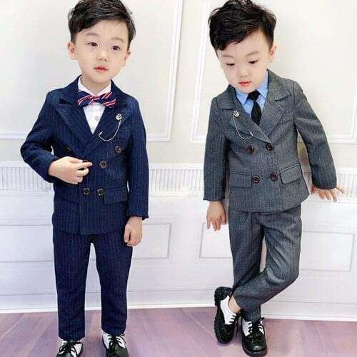 Striped Blazer Jacket +Pants Boys Two Piece Suits Toddler Formal Wear Double Breasted Boys Clothing Set Gentleman Boys Sets