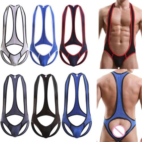 Mens Bodysuits Mesh See Through Mankini Undershirts Penis Pouch Underwear Wrestling Singlet Open Butt Gay Jock Strap Jumpsuits