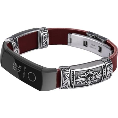 Men Punk Retro Leather Strap Metal Cross Embossed Replacement Watchband For Huawei Honor Band 5/4 Smart Watch Accessories