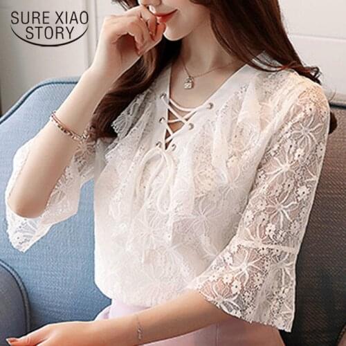 Casual Blouse Women Solid Plus Size Women Lace Blouse Fashion 2019 Women Shirts White Blouse Blusas Femininas Elegante 3049 50