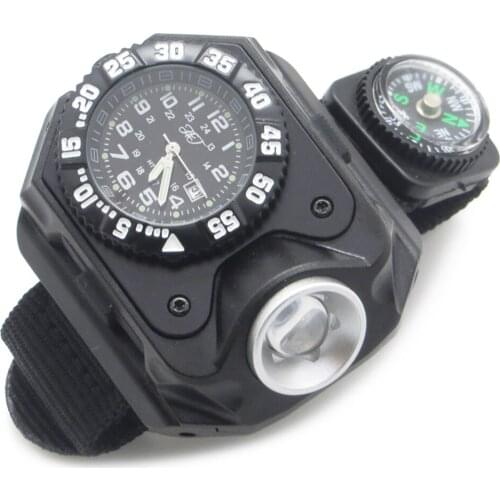 10pcs/lot 3 in 1 Tactical Sport Rechargeable LED Flashlight Wristwatch with Compass For Camping Hiking Hunting