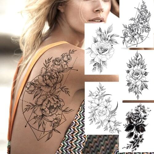 Creative Flower Temporary Tattoos Waterproof Black Geometric Rose Planets Tatoos For Women Realistic Fake Body Art Tatoo Sticker