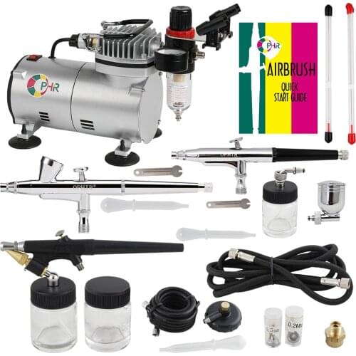 OPHIR Pro Air Compressor w/ 3pcs Airbrush Kit 0.3mm 0.35mm 0.8mm Air Brush Gun for Model Hobby Cake Decorating_AC089+071+073+074