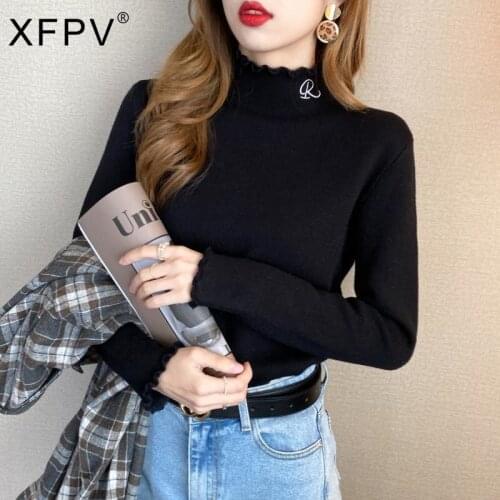 XFPV 2021 Autumn Winter New Fashion Plush Thick Bottoming Tops Womens Inner Lap One-piece Half High Neck Knitted Top Warm SM284