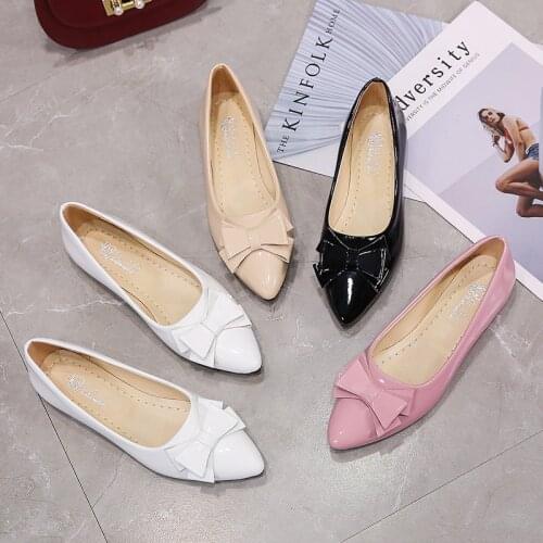 Han edition womens single shoes casual shoes joker shallow mouth pointed flats shoes black and white and pink beige bow y912