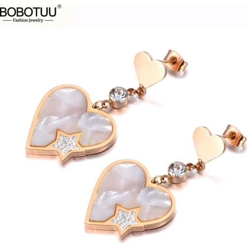 BOBOTUU Titanium Stainless Steel Love Heart Dangle Earrings For Women Girls Fashion CZ Crystal Shell Star Party Earrings BE19182