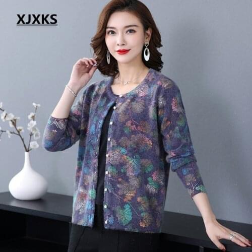 XJXKS Autumn Spring Women Sweater Womens Active Print Fashion Cardigan High Quality Long Sleeve Casual Sweaters Mother Gift