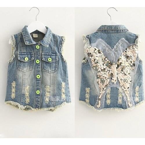 2018 New Spring Autumn 3-8 9 10 Years ChildrenS Outwear Clothing Female Child Kids Baby Girl Glitter Butterfly Denim Vest