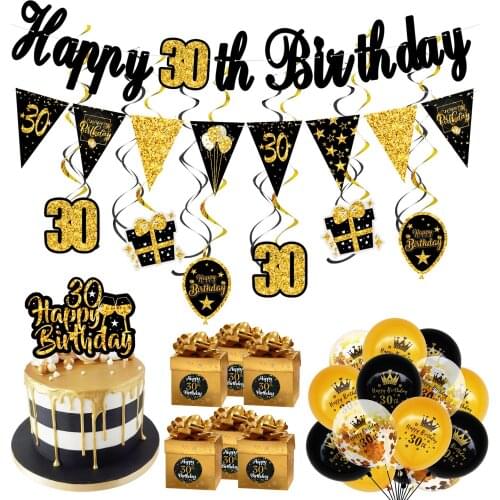 Gold Black 30th Adult Birthday Banner Bunting Flags 30 Years Cake Toppers Birthday Latex Balloons Happy Birthday Party Decor