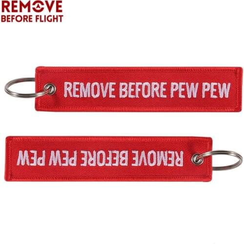 20 PCS/LOT Wholesale REMOVE BEFORE PEW PEW Keychain for Aviation Gift Christmas Keychains Luggage Tag Embroidery Crew Key Chain