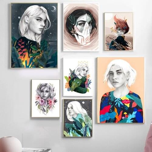 Abstract Black White Girl Colorful Plant Wall Art Canvas Painting Nordic Posters And Prints Wall Pictures For Living Room Decor