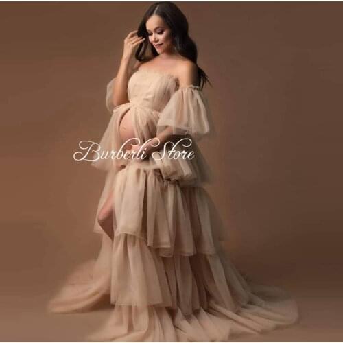 Elegant Off Shoulder Tiered Ruffles Tulle Maternity Dress To Photography Open Front Soft Tulle A-line Baby Shower Gowns 2021