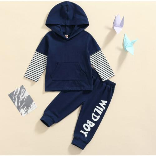FOCUSNORM 2pcs Causal Baby Boys Autumn Clothes Sets 1-5Y Striped Patchwork Long Sleeve Hooded Tops Pants