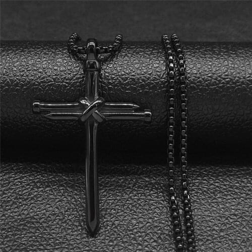 Gothic Stainless Steel Pagan Nails Cross Long Chain Necklaces Women/Men Black Pendant Necklace Jewelry collier croix XH273S03