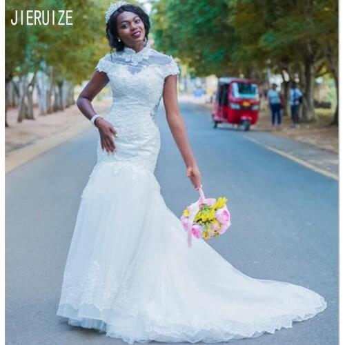 JIERUIZE Vintage Mermaid Wedding Dresses High Neck Short Sleeves Appliques Zipper Back African Bridal Dresses Wedding Gowns