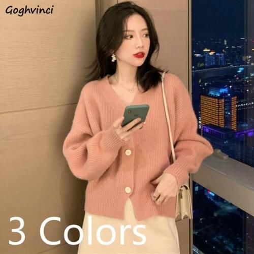 Women Cardigans Solid Knitted Single Breasted V-neck Autumn Lantern Sleeve Sweaters Casual All-match Chic Fashion Soft Student
