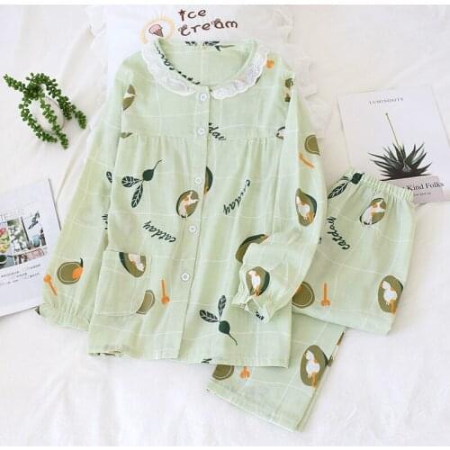 Kawaii 100% gauze cotton pajamas sets women summer Japanese Avocado fresh homewear casual long-sleeve women sleepwear
